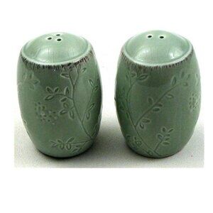 Ceramic Green Engraved Leaves Salt and Pepper Set 3" tall by 2 " wide 29949